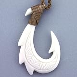 Bone Fish Hook Pendant Necklace with Carving - Adjustable 2mm, 28'' Cord