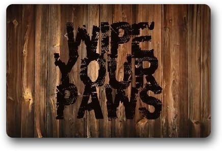Flowerlost Machine Clean Top Fabric & Non-Slip Rubber Backing Durable Indoor / Outdoor Doormat Door Mats - Funny " Wipe Your Paws " Art Black Print Retro Wood Pattern Design 23.6x15.7 Inch