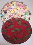 Gourmet Food : Scott's Cakes Assorted Nougat Salt Water Taffy in a Large Holly Tin