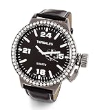 Men's Round White CZ Black Leather PU Military Watch
