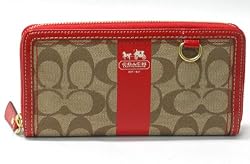 AUTHENTIC COACH HERITAGE STRIPE ACCORDIAN ZIP WALLET 41113 (Khaki/Geranium)