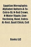 Egyptian Hieroglyphs: Alphabet-Vulture-A-To-Cobra-DJ: N-Red Crown, N-Water Ripple, Lion-Reclining, Hand, Cobra-At-Rest, Quail Chick, Coil-