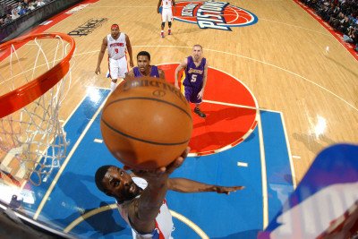 Los Angeles Lakers v Detroit Pistons: Ben Gordon and Devin Ebanks Photographic Poster Print by Allen Einstein, 28x42