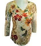 Amore Couture Long Sleeve, V-Neck, Floral Printed Nylon Top With Swarovski Crystals - Ivory