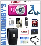 Canon PowerShot ELPH 100 HS 12.1 MP Digital Camera with 4x Wide Angle Optical IS Zoom (Pink) + Canon Deluxe Leather Case + 8BG SDHC Memory Card + Sunpak Gripping Tripod and Much More! Willoughby's Est. 1898 Deluxe Point and Shoot Bundle