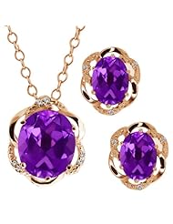 6.87 Ct Oval Purple Amethyst Gold Plated Silver Pendant Earrings Set