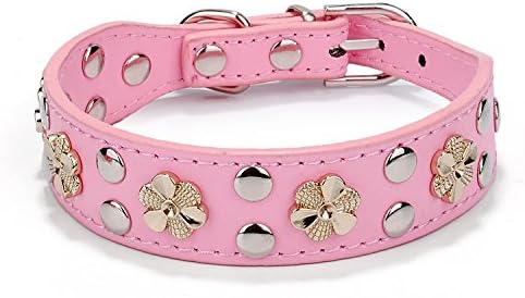 Rachel Pet Products 2 Row Rivet and Metal Flower Studded Genuine Leather Dog Collar for Small or Medium Pet, Pink, S