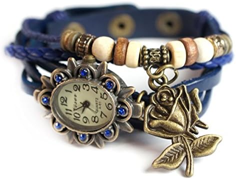 Blue Leather Cz Antique Gold Bronze Rose with Wood Beads Bohemian Bracelet Wrist Watch 7" to 8 1/4"