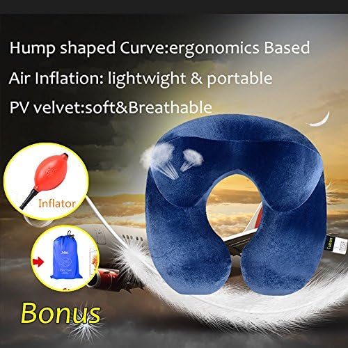 Travel Pillow Inflatable Neck Pillow U-shaped Ultra Portable Pillow Luxuriously Soft with Velvet Cover for Sleeping on Airplane, Car, and Train or in Office (Dark Blue)