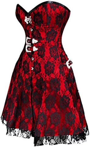 Fully Spiral Steel Boned Red Satin Gothic Overbust Long Corset Dress-48