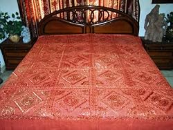 5p Red Hand Embroidered Mirrors Cotton King Bedding Bedspread Throw