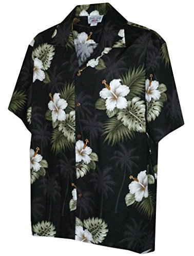 Pacific Legend Men's Hibiscus & Palm Hawaiian Shirt (Black)