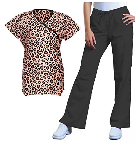 G Med Women's Mock Wrap/V Neck Printed Scrub Sets Utility