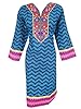 Womens Indian Kurta Tunic Dress Caftan Floral Embroidered Neck Yoke (Chest:50", Ink Blue)