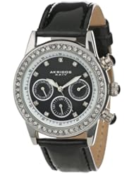 Akribos XXIV Womens AK556BK  Dazzling Silver-tone Swiss Multifunction Black Strap Watch