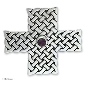 Amethyst brooch pendant, 'Woven Cross' by Novica