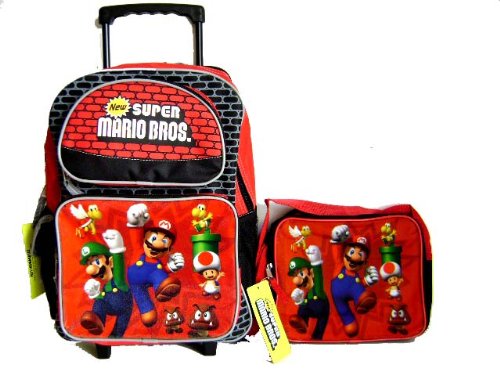 Mario and Luigi Backpack Large Rolling matching system Tote Bag Lunch - Full Size Rolling Backpack, Lunch Bag Bag