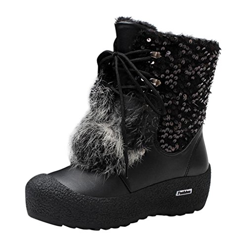 Hee Grand Women Shining Sequins Lace-Up Waterproof Hiking Winter Snow Boots US 5 Black