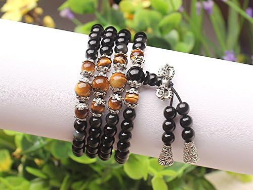 Natural crystal agate chalcedony multicolor 108 beads add Tibetan silver beads Men and women bracelet (Obsidian tiger's eye)