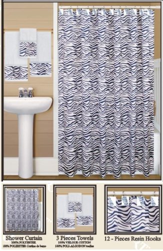 17 PIECE SET ZEBRA FABRIC SHOWER CURTAIN, 12 RESIN SHOWER HOOKS, VINYL SHOWER LINER, 2 HAND TOWELS AND 1 WASH CLOTH