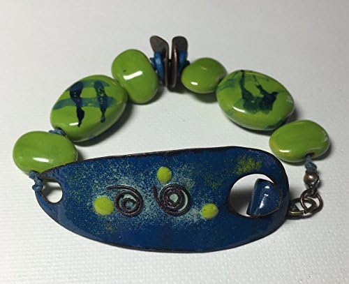 Lime Green and Peacock Blue Enamel Bracelet with Kazuri Beads