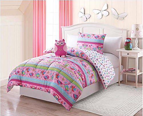 Pink Owl Love Twin Comforter, Sham and Owl Plush Pillow (3 Piece Bedding Set)