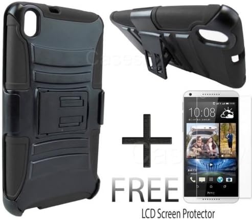 FOR HTC DESIRE 816 BLACK REFINED RUGGED HEAVY DUTY ARMOR CASE W/ HOLSTER + GUARD [In Casesity Retail Packaging]