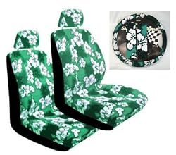 - 	 Green Universal-Fit Hawaiian Hibiscus Floral Print Low Back Front Bucket Seat Cover With Separate Headrest Cover, Steering Wheel Cover and Shoulder Seat Belt Pads Combo