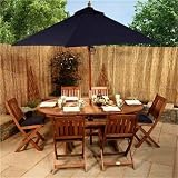 from BillyOh BillyOh Elegance 1.8m Oval Ext 6 Seat Wooden Garden Furniture Set with Navy Blue Seat Pads & Parasol