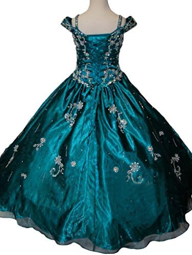 XWHT Girls' Spaghetti Strap Off-Shoulder Pageant Dresses Shiny Princess Dresses 12 US Teal