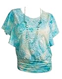 eVogues Plus Size Glitter Designer Print Necklace Top Sky Blue - 2X