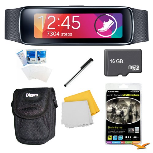 Samsung Gear Fit Black Watch, Case, and 16GB Card Bundle - Includes watch, 16GB Micro SD Memory Card, Ultra-Compact Carrying Case, White Audio Earbuds with Microphone, Stylus Pen with Pocket Clip, LCD Screen Protectors, and Micro Fiber Cloth