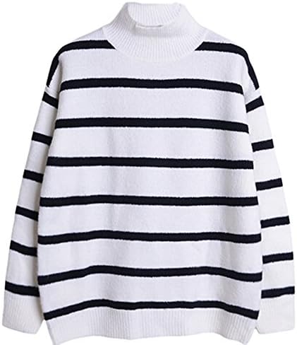 Feelwear Woman's Striped Pullover Long Sleeve Coat Warm Knit Soft Sweater White