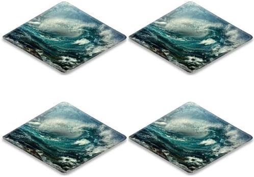 Heavy Rain On The Eve Of The Sea Waves Square Coaster (4 Piece) Set Fabric Rubber 5 Inch Size Liil Coaster Cup Mug Can Water Bottle Drink Coasters Stain Resistance Collector Kit Kitchen Table Top Desk