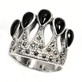 Sterling Silver Marcasite Rings with Black Onyx - Crown - Sizes: 6-10