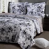 3pc Modern Quilt White Black Floral Bedding Set Queen + Free Tote by Collection Maven