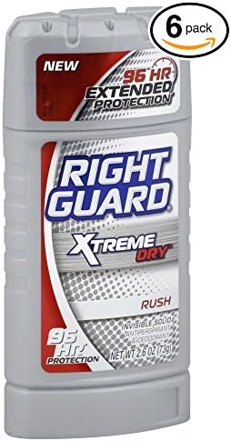 (PACK OF 6 BOTTLES) Right Guard Xtreme Dry - Rush Men's Stick Deodorant / Antiperspirant. 96 HOUR PROTECTION!! New & Improved! Totally Invisible Solid! (6 Bottles, 2.6oz Each)