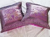 2 BROCADE DECORATIVE PILLOWS PURPLE ELEPHANT SARI INDIA