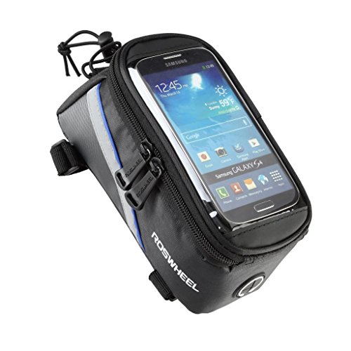 LoHai Bicycle Top Tube Frame Cycling Pannier Water Resistant Bike Bag & Mobile Phone Screen touch Holder Mount Fits Phones iPhone Samsung LG Sony Nexus HTC - 5.5 inch, Black & Blue Line