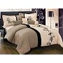 7 Pieces Luxury Brown, Cream Beige with Floral Linen Comforter Set / Bed-in-a-bag California-cal King Size Bedding