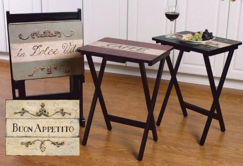 Set of 4 "European Fare Tour" Antique Style TV Trays with Convenient Stand