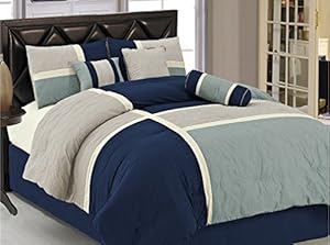 Chezmoi Collection 7-Piece Quilted Patchwork Comforter Set, Queen, Blue/Gray