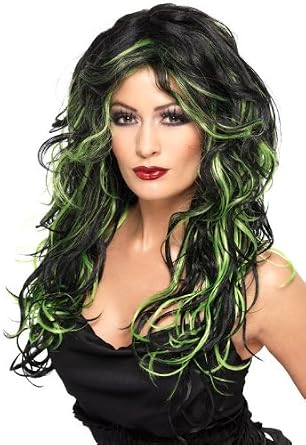 Long Streaked Black & Green Adult Wig