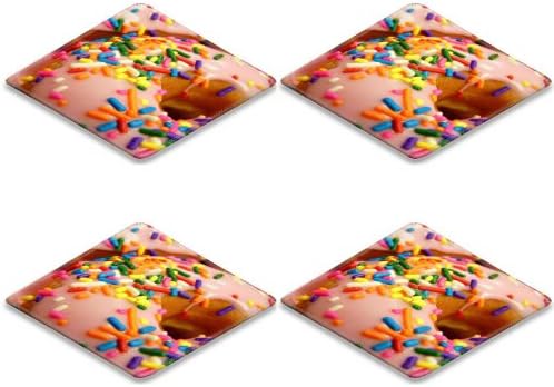 Sweet Sprinkled Donut Tasty Pastry Square Coaster (4 Piece) Set Fabric Rubber 5 Inch Size Luxlady Coaster Cup Mug Can Water Bottle Drink Coasters Stain Resistance Collector Kit Kitchen Table Top Desk