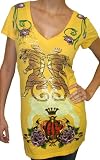 CHRISTIAN AUDIGIER Ed Hardy Womens V-Neck Tattoo Panthers Sparrows Shirt Tunic Top Lemon