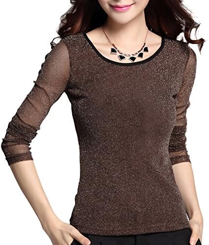LOCOMO Glitter Reflective Round Neck Sheer See Through Blouse Top FFK064BRNM