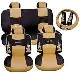 13pc Flames TAN Beige and Black Type R Racing Low Back Seat Covers with Head Rest Covers, Bench Cover with Head Rest Covers and Steering Wheel Cover with Shoulder Pads