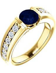 10K Yellow Gold 6.00mm Round Cut Chatham Created Sapphire and Diamond Ring -- LIFETIME WARRANTY