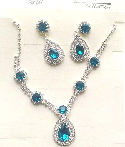 Silver Plated Sparkling Crystals and Turquoise Jades Medium Chain Necklace