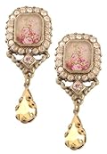 Lovely Michal Negrin Dangle Earrings Made with Victorian Roses Rectangle Cameos, Surrounded by Beige Swarovski Crystals, Adorned with Gold Tear Drop Charms; Hand-made in Israel